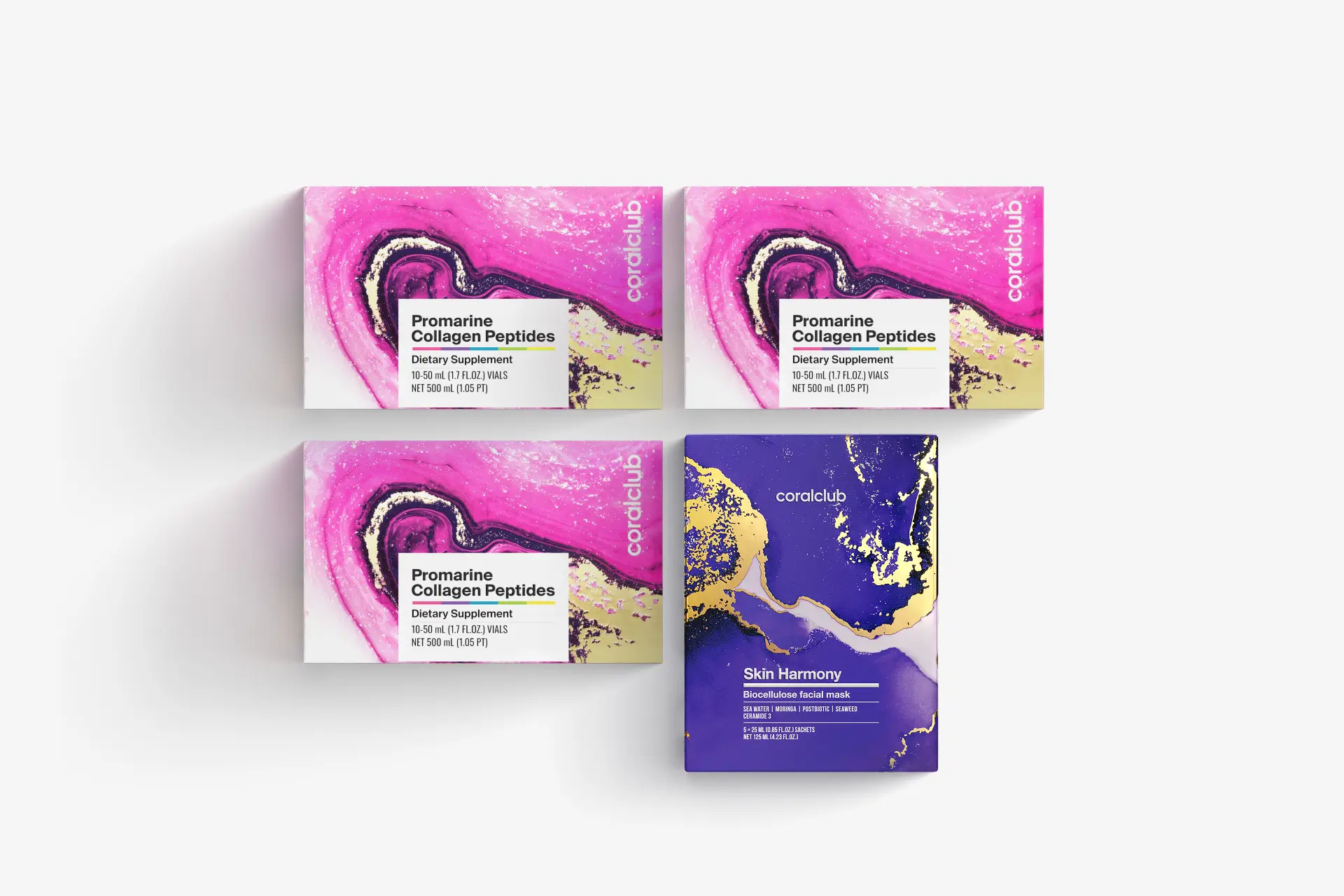  Пакет Промарин колагенови Трипептиди (курс 1 месец) & маски за лице биоцелулозни  Skin Harmony (5 пакетчета)